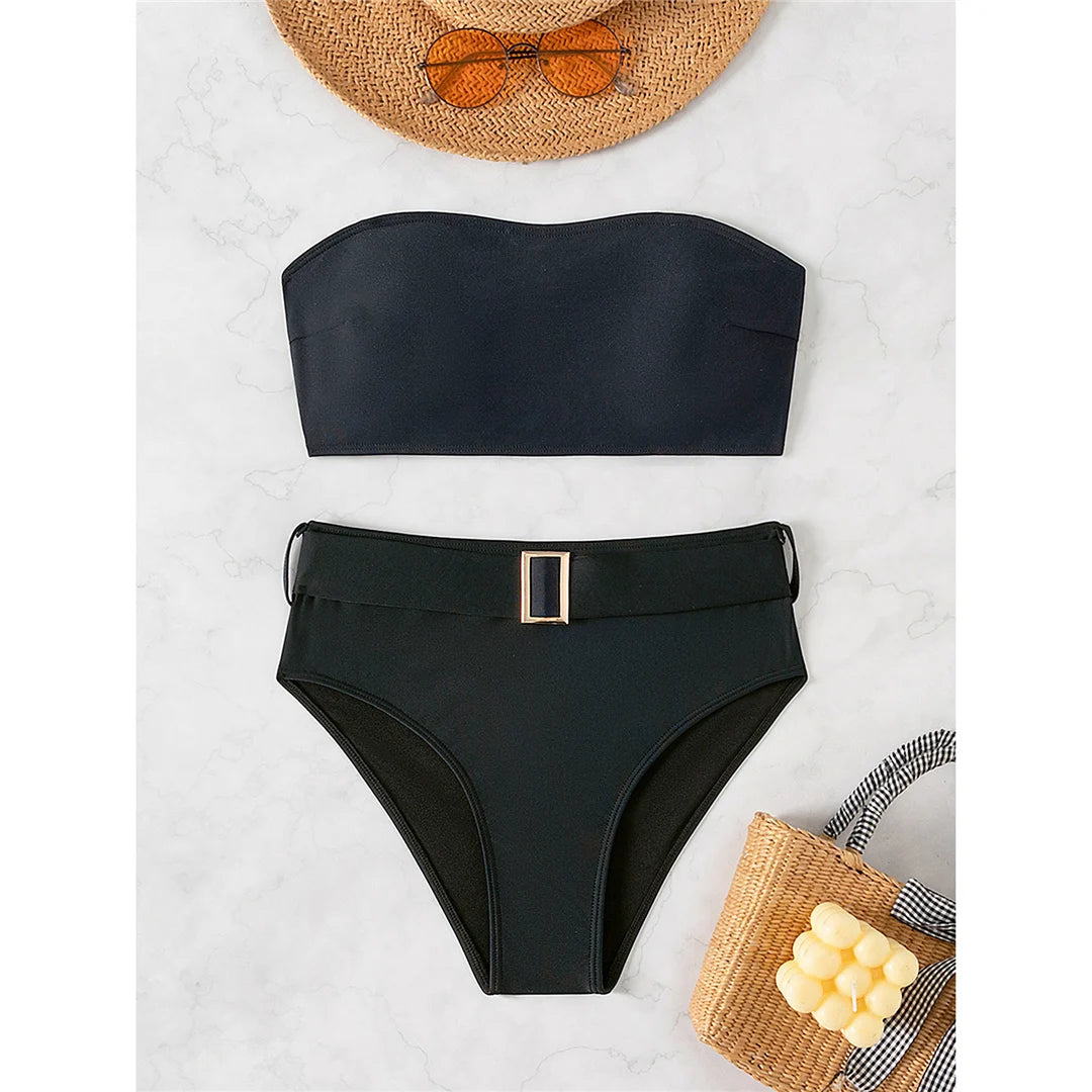 Belted Elegance Midnight Bandeau Bikini Set Sunset and Swim   