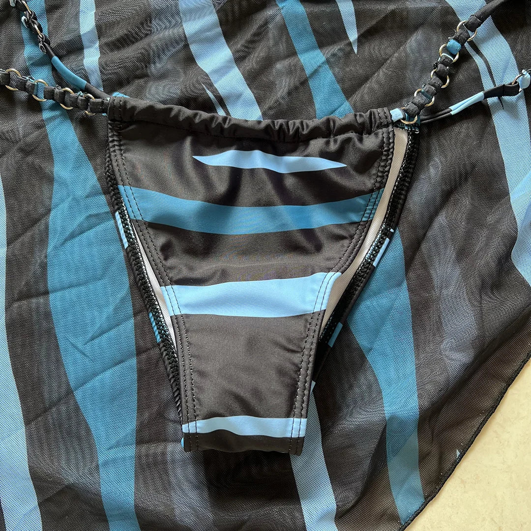 Seaside Stripes Harness Thong Bikini Set with Sarong Sunset and Swim   