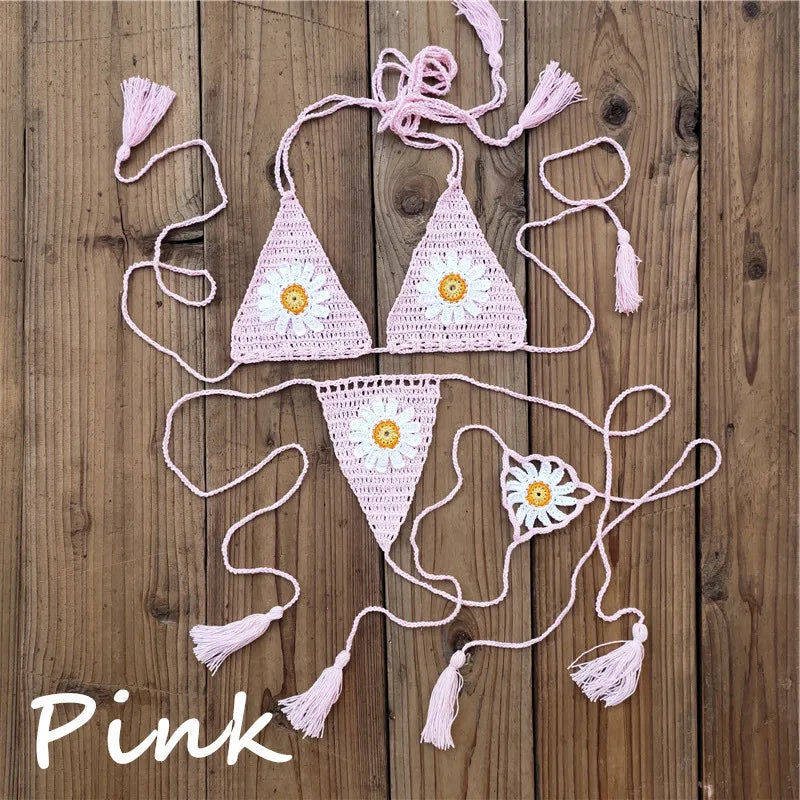 Island Dream Floral Crochet String Bikini  Sunset and Swim Pink One Size 