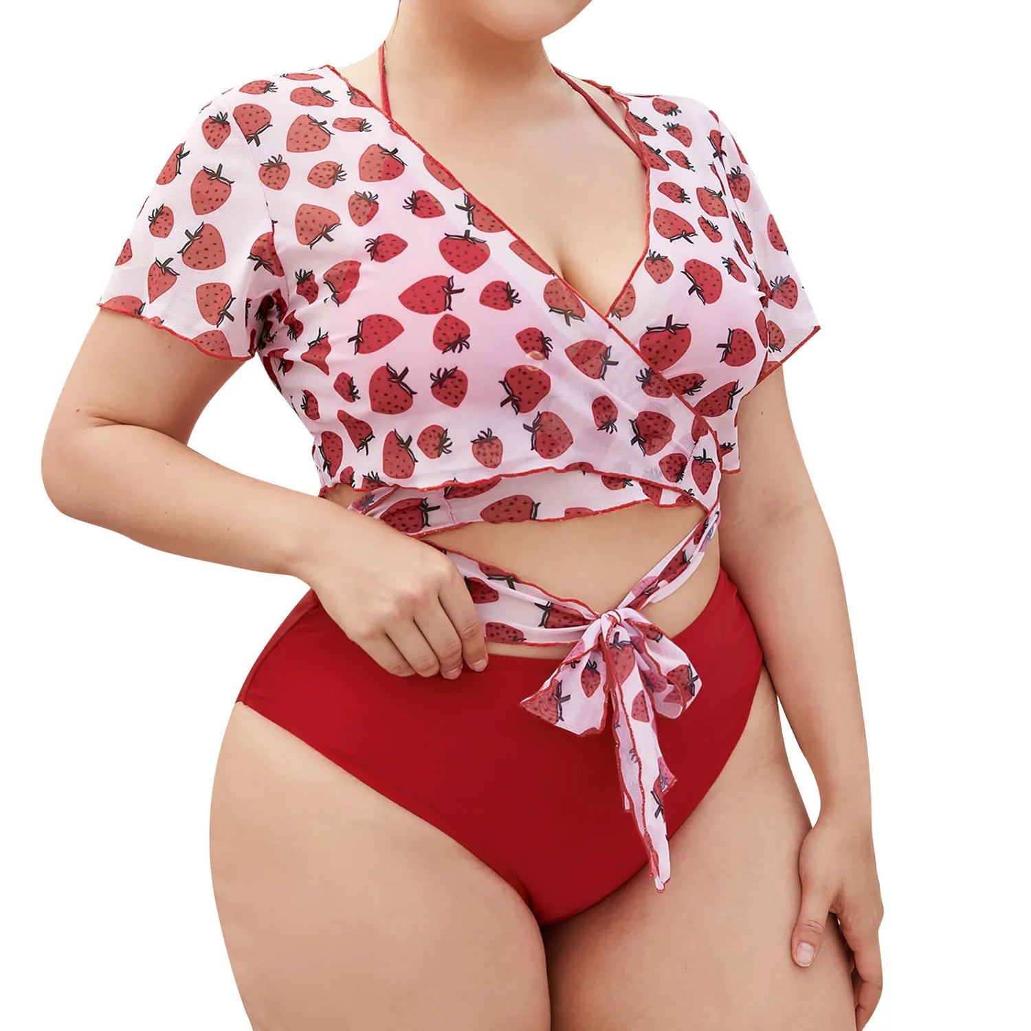 Sweet Strawberry Three-Piece Plus Size Bikini Set  Sunset and Swim   