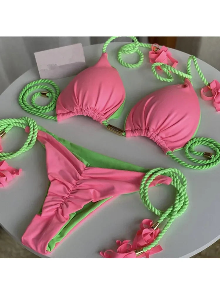 Harper Triangle Bikini Set  Sunset and Swim Pink Green M 
