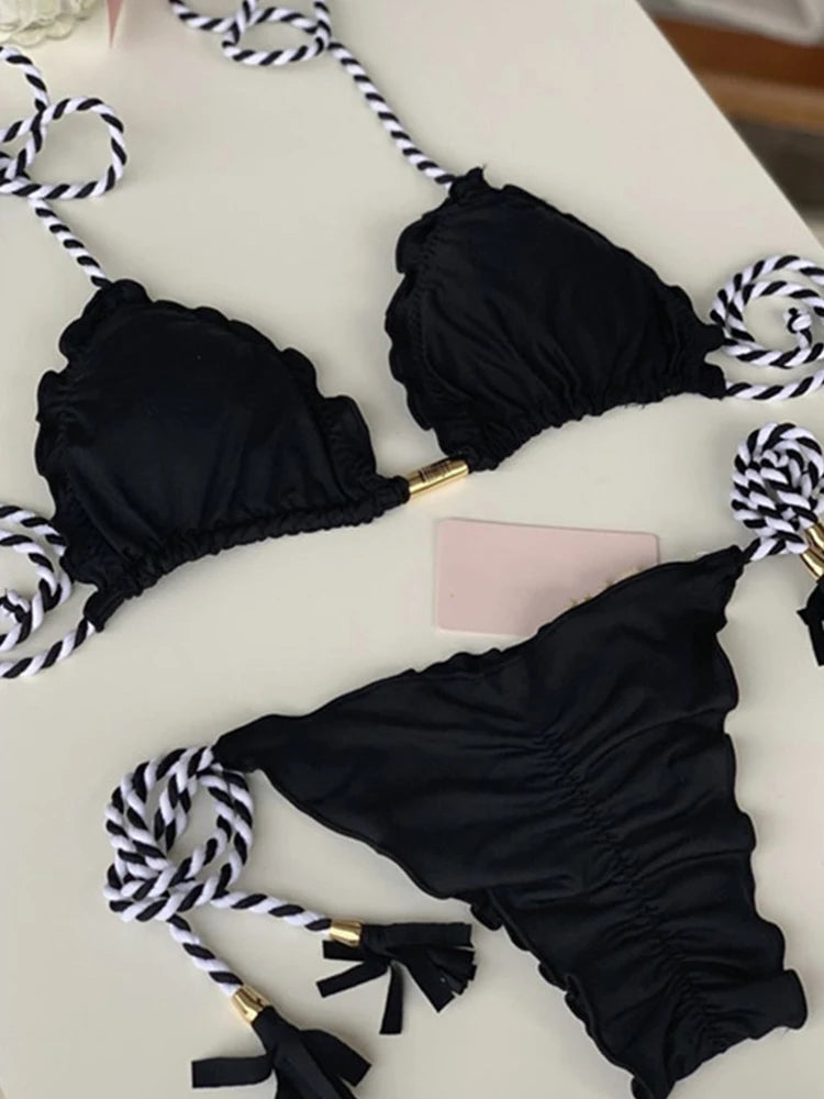 Penelope Ruffled Triangle Bikini Set  Sunset and Swim Black L 