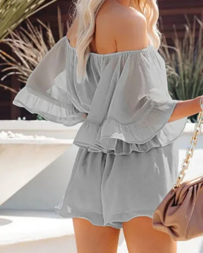 Paradise Awaits Off Shoulder Romper Sunset and Swim Light Grey S 