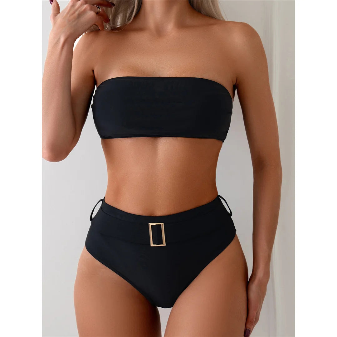 Belted Elegance Midnight Bandeau Bikini Set Sunset and Swim   