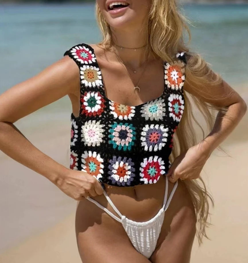 Sun-Kissed Crochet Beachscape Cover Up Top  Sunset and Swim Black One Size 