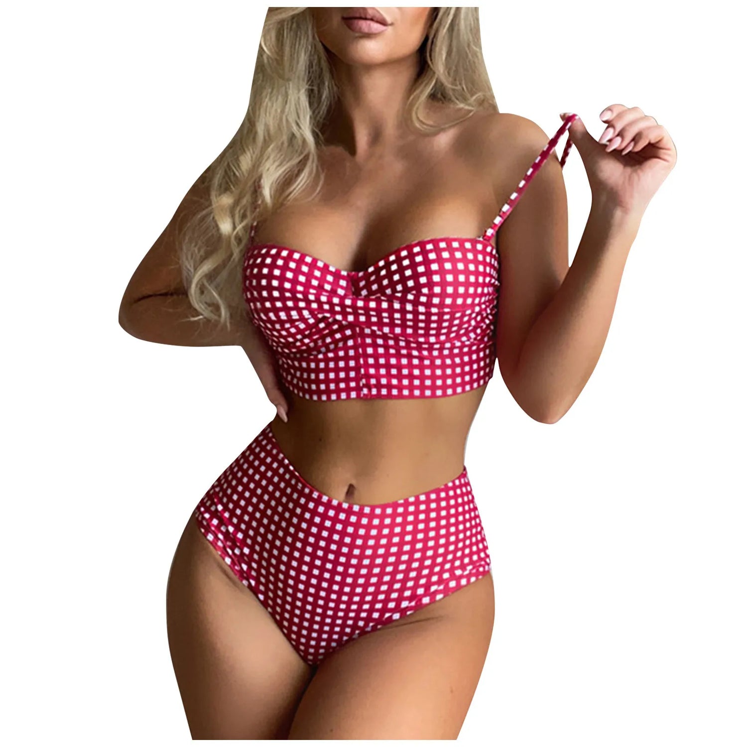 Confident Coastline Plaid High Waist Bikini Sunset and Swim Hot Pink S