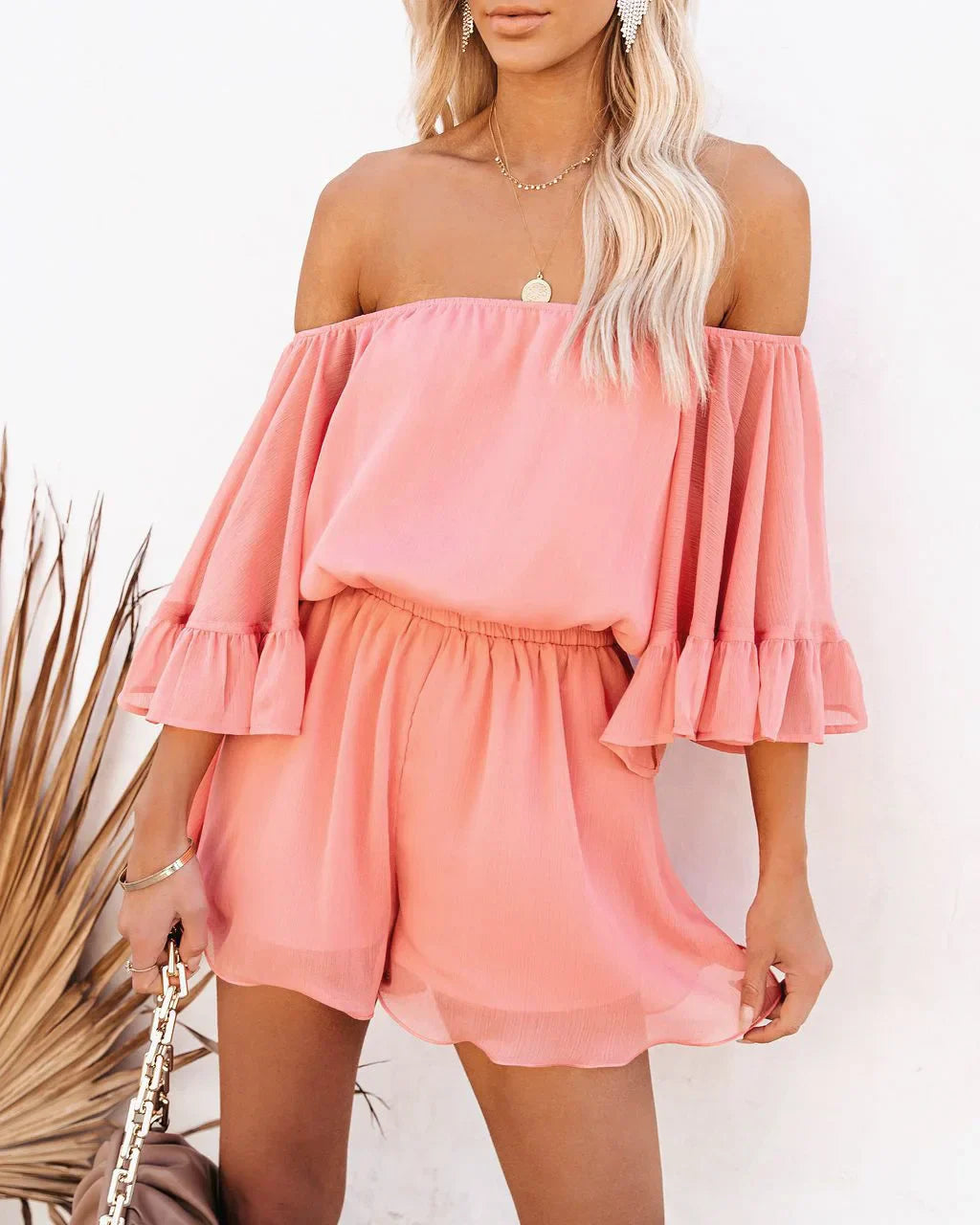 Paradise Awaits Off Shoulder Romper Sunset and Swim   