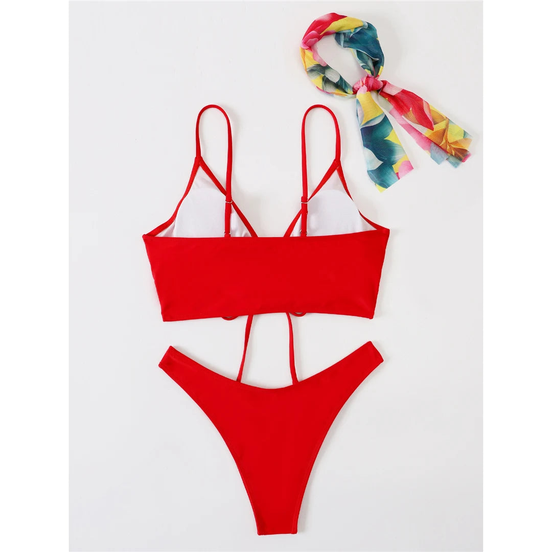 Fiery Passion Cutout Monokini 3 PCS Set With Hairband Cut Out Bikini Sunset and Swim   