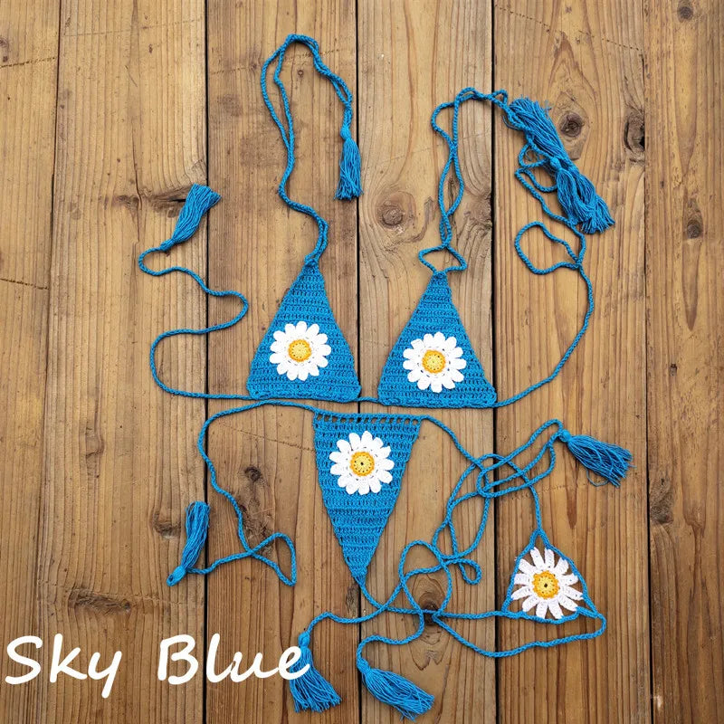 Island Dream Floral Crochet String Bikini  Sunset and Swim Sky blue One Size 