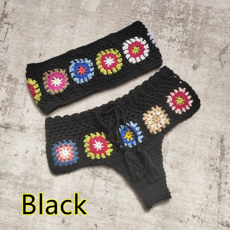 Boho Chic Crochet Delight Bandeau Tube Top Bikini Set  Sunset and Swim Black Set S 