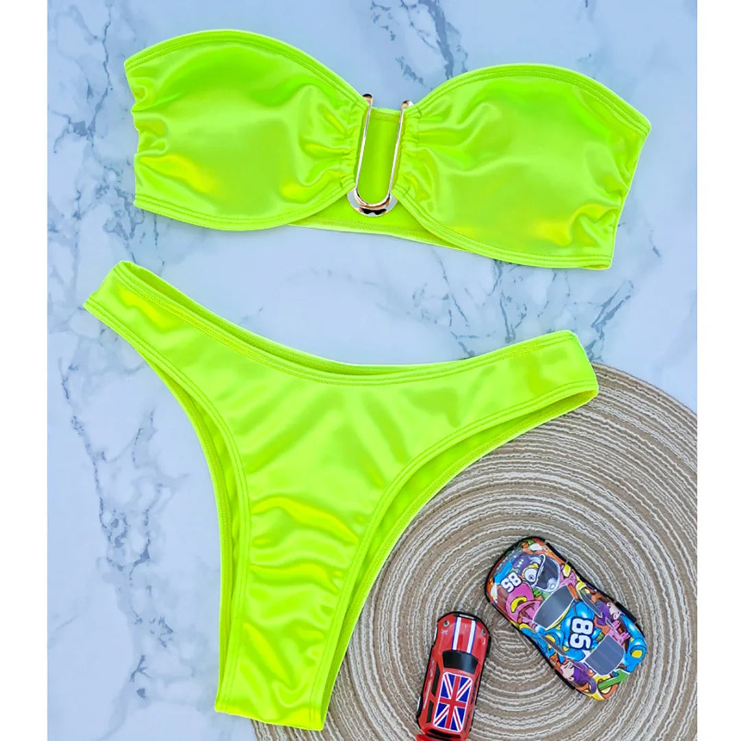 Sunset and Swim Glossy Bandeau Strapless Bikini  Sunset and Swim Neon Green S 