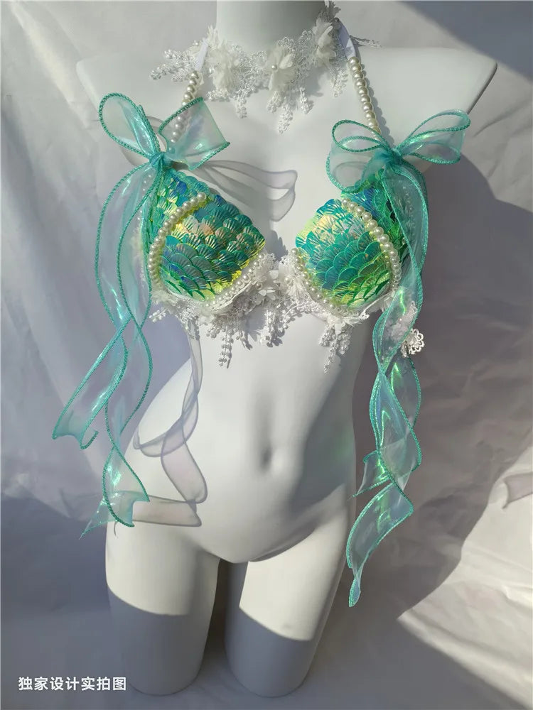 12 Colors Mermaid Sequins Shells Bikini Tops Bras Oceanarium Bar Performances Out Of Costume Fishtail Skin Women FreedivingShow Sunset and Swim   