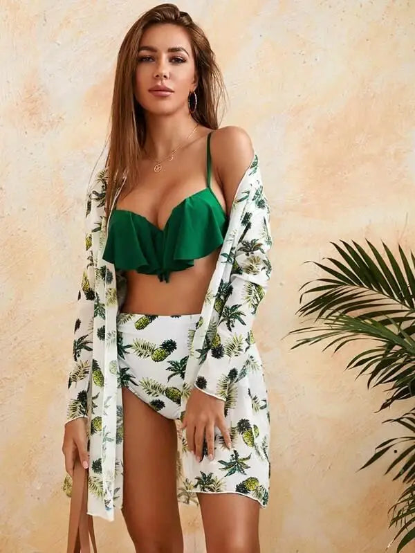 Pineapple Retreat Three Piece Ruffle Bikini Set Sunset and Swim White/Green S 