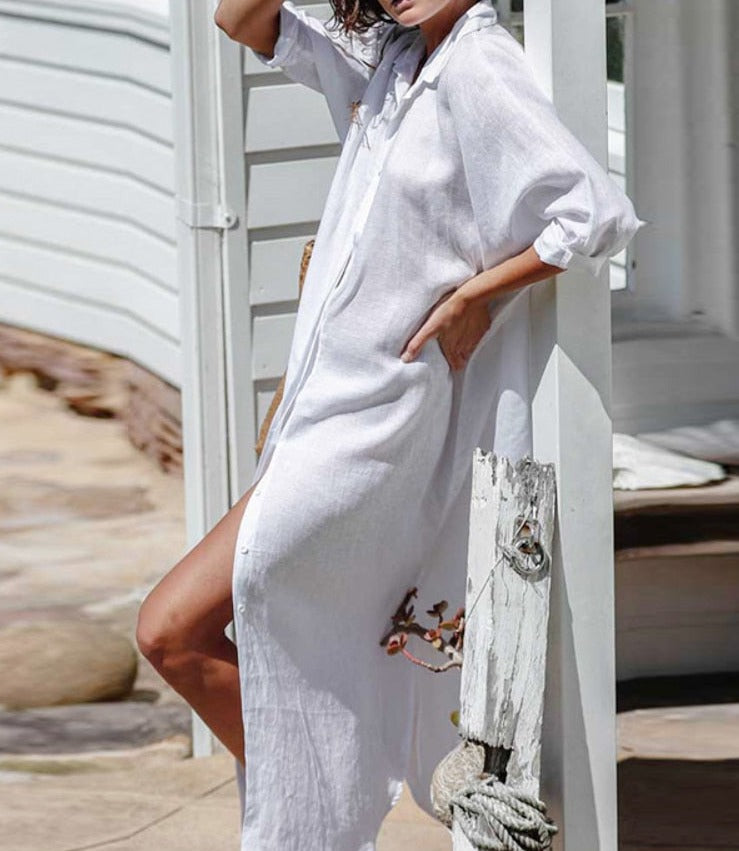 Breezy Shoreline Chic White Tunic Shirt Dress  Sunset and Swim   