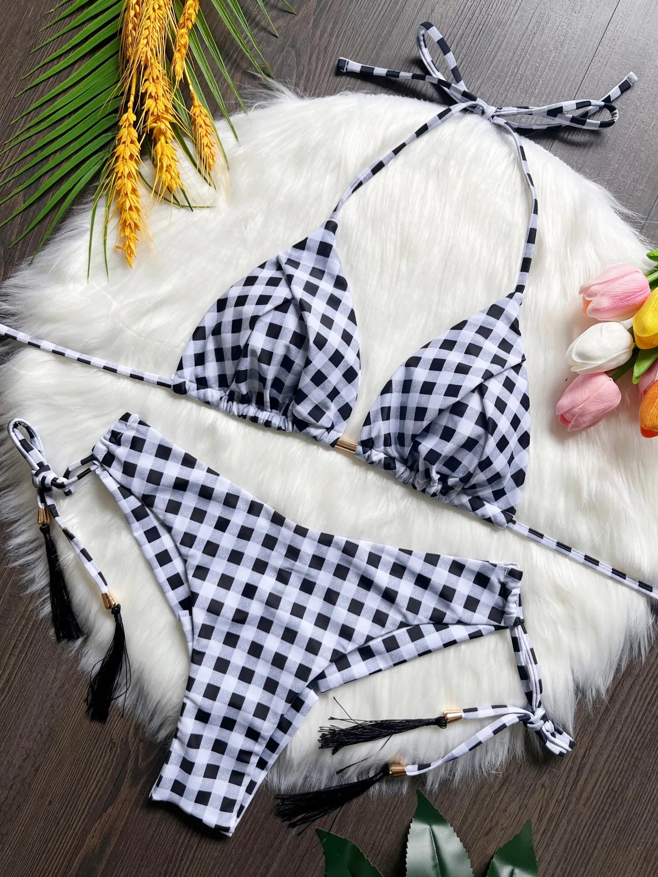 Seaside Picnic Gingham Triangle Bikini Sunset and Swim Black S