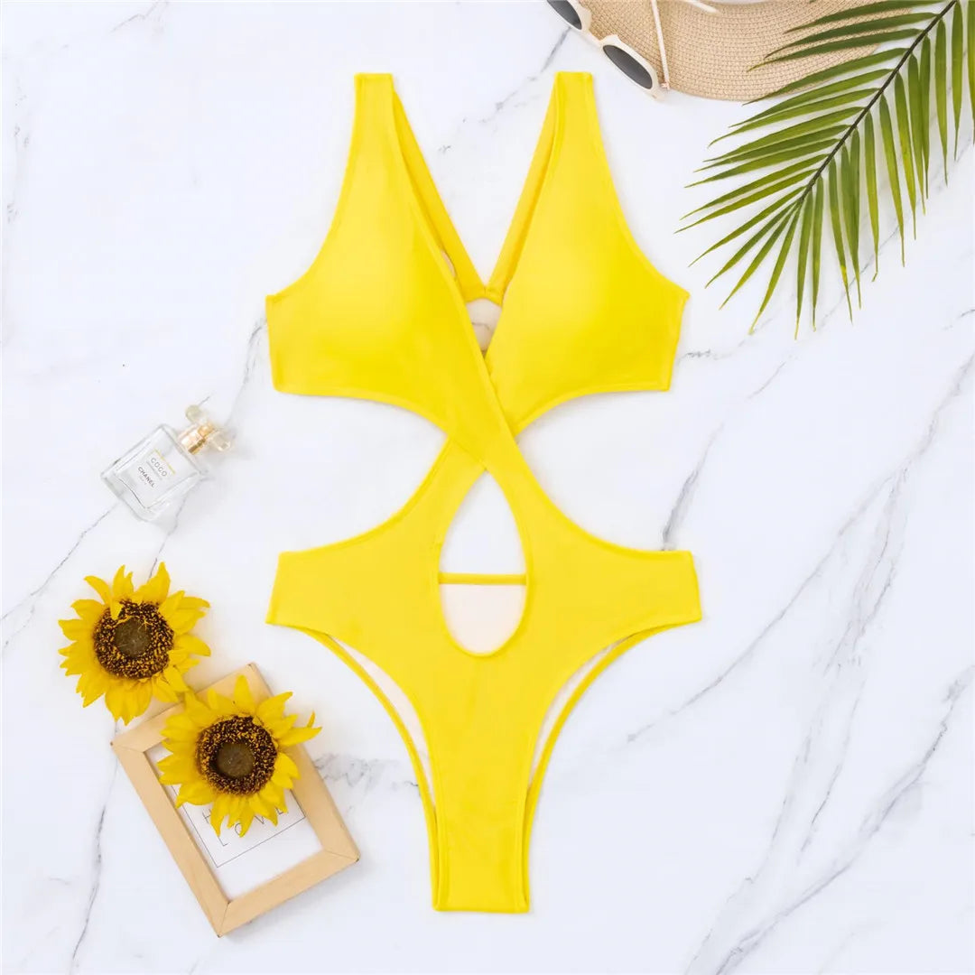 Making Waves V Neck Cut Out One Piece Swimsuit  Sunset and Swim Yellow S 