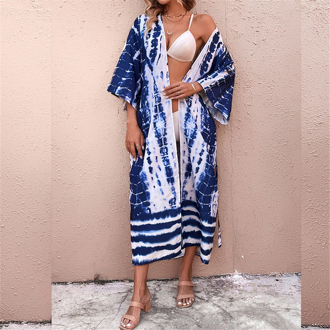 Aphrodite Blue Tie-dye Kimono Beach Cover Up With Belt Sunset and Swim   