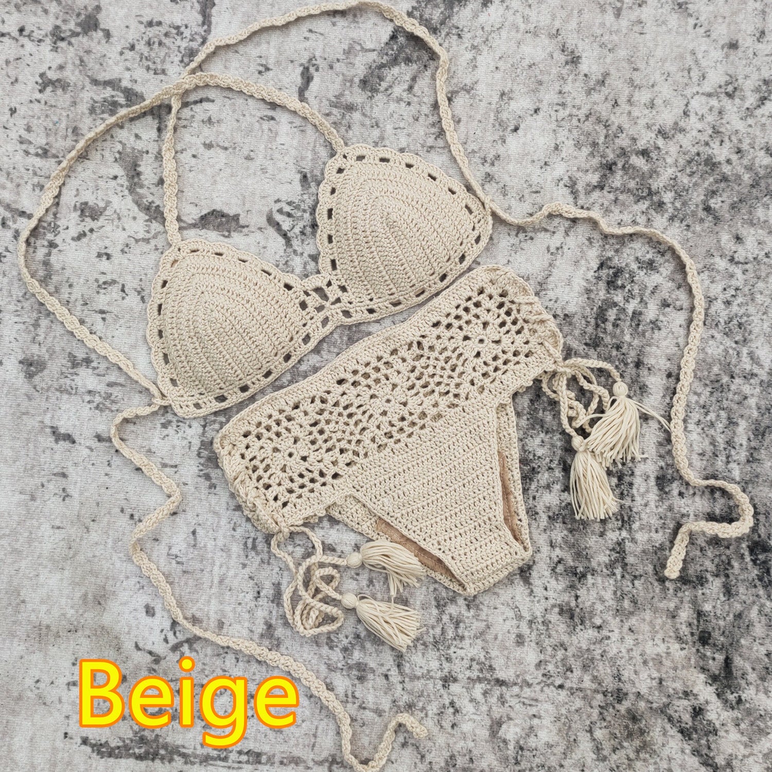Beach Bliss Crochet Boho Bikini 0 Sunset and Swim Beige S 