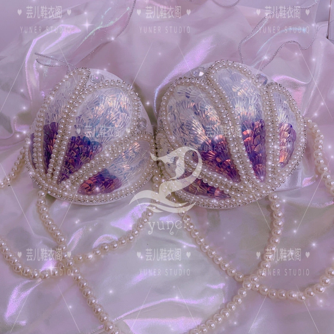 Aqua Opulence Handmade Diamond Pearl Mermaid Bikini Set  Sunset and Swim 3 S 