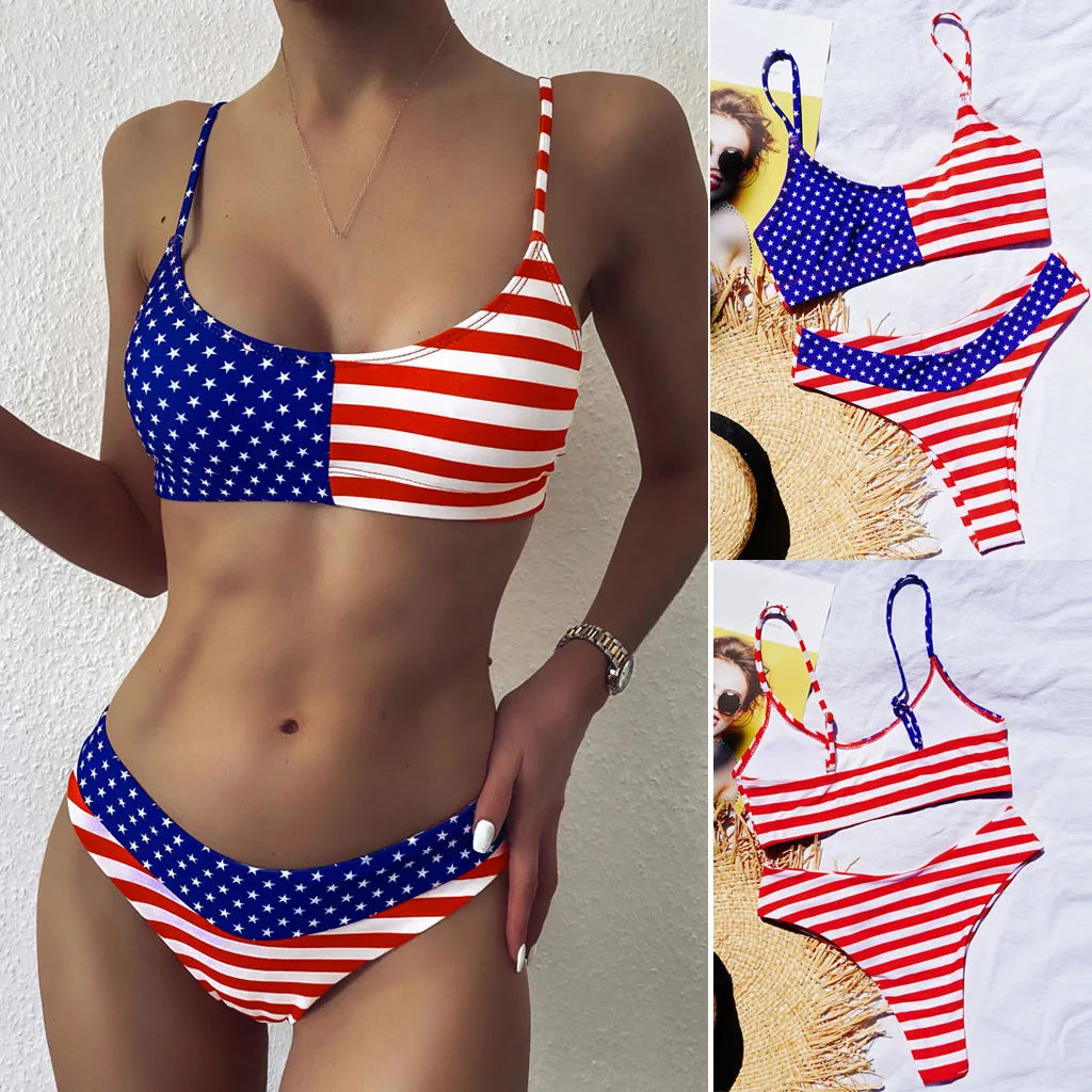 All-American Beauty Flag Bikini Sunset and Swim Blue M 