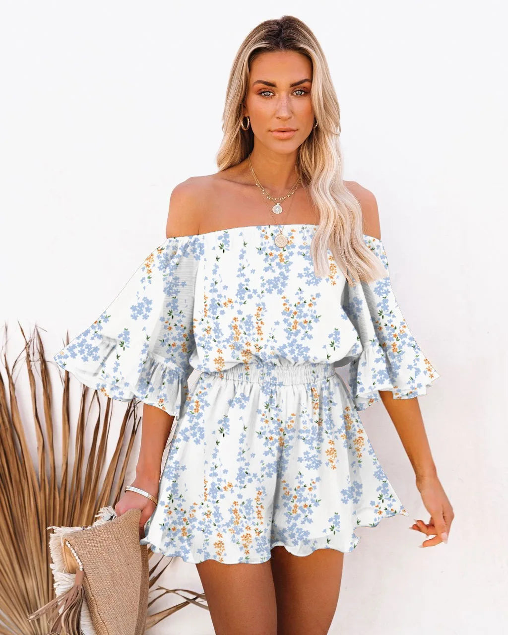 Paradise Awaits Off Shoulder Romper Sunset and Swim Sky blue M 