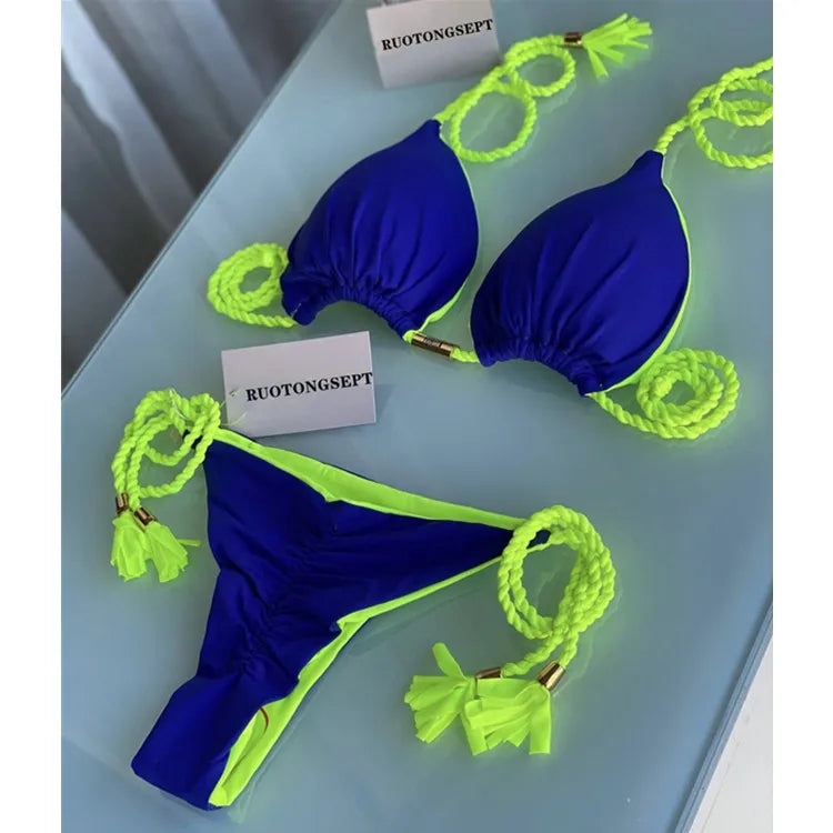 Isabella Tassel Side Tie Halter Bikini  Sunset and Swim Blue/Green S 