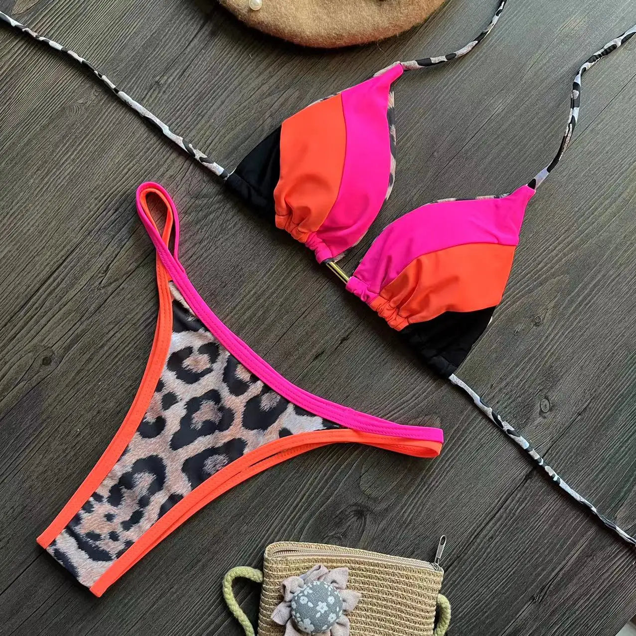 Neon Leopard Colorblock Brazilian Bikini Sunset and Swim   