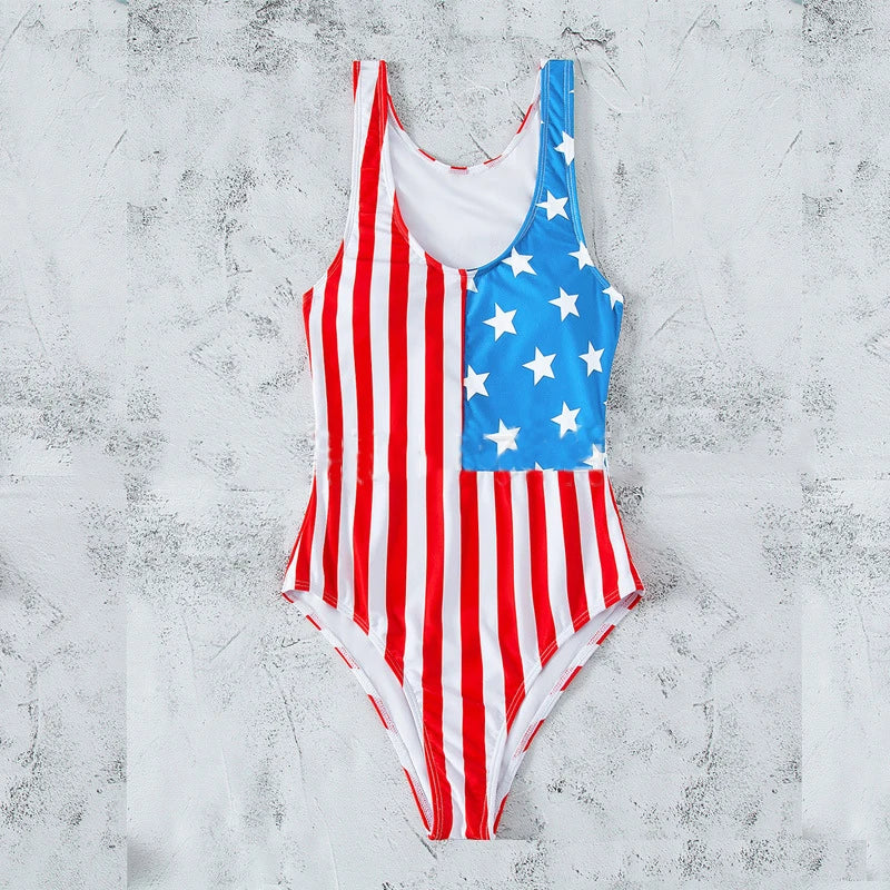 American Beach Goddess Swimsuit Bikini Sunset and Swim Red/White/Blue 6 XL 