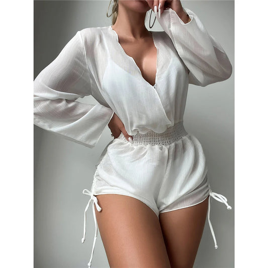 Vacation Time Deep V Neck Long Sleeve Beach Cover Up Romper  Sunset and Swim   