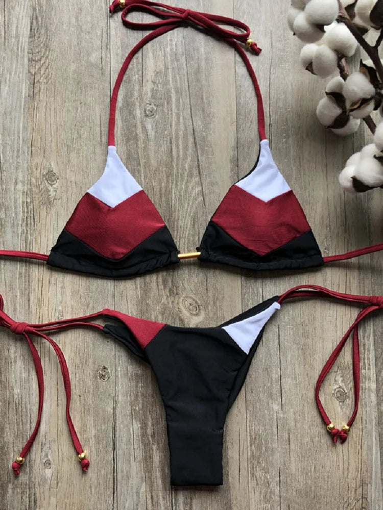 Coastal Colorblock Brazilian Bikini Set Sunset and Swim Red/White/Black M 