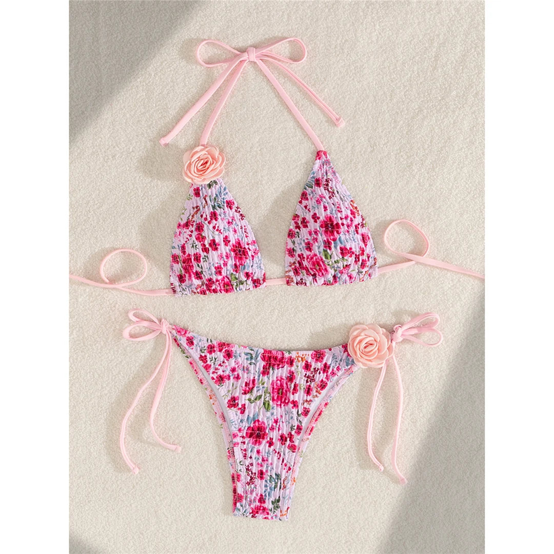 Rosy Radiance Floral 3D Flowers Bikini Sunset and Swim   