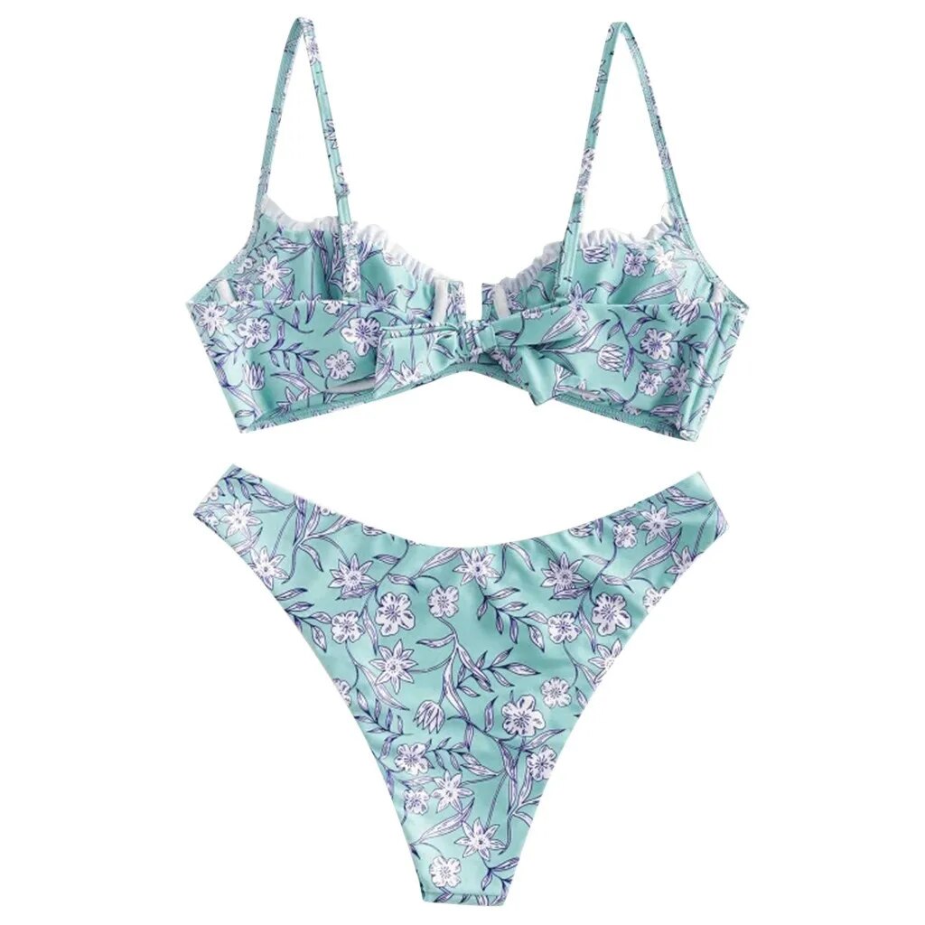 Cute Flower Print High Cut V Neck Bikini  Sunset and Swim   