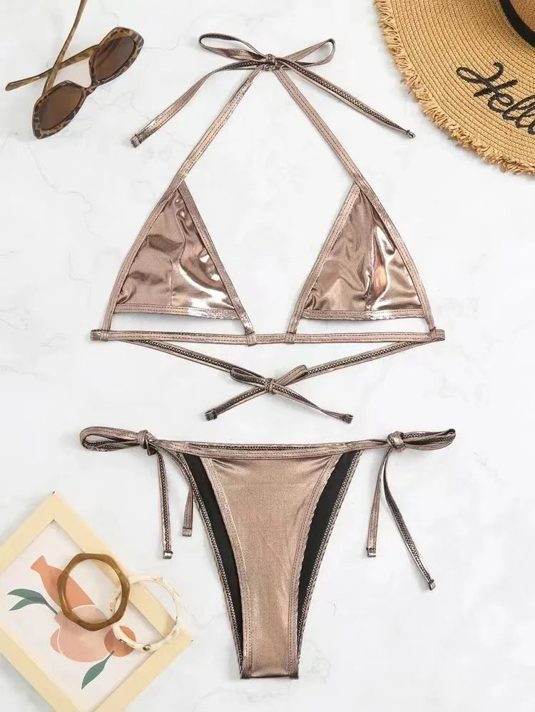 Glamorous Metallic Underboob Micro Bikini Set Sunset and Swim   