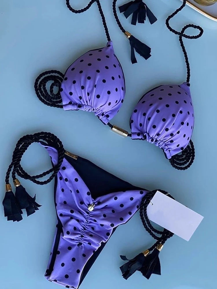 Aurora Tassel Side Tie Halter Bikini  Sunset and Swim Purple/Black S 