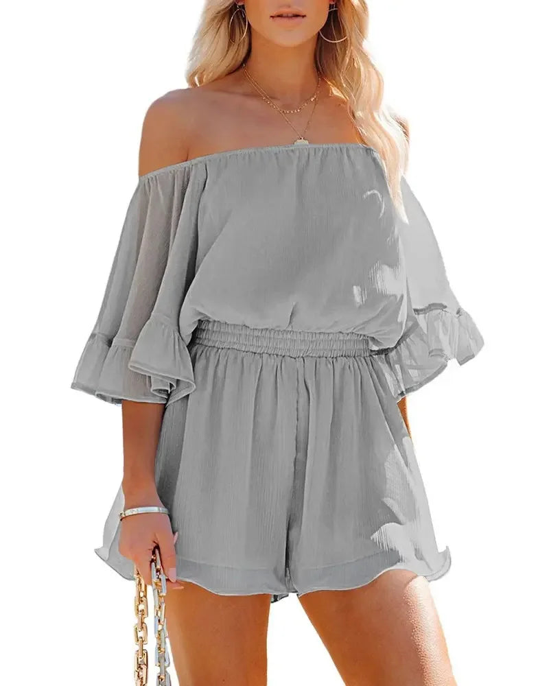 Paradise Awaits Off Shoulder Romper Sunset and Swim   