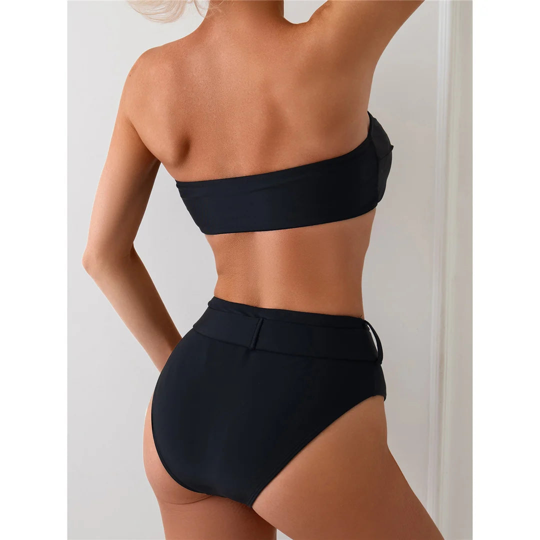 Belted Elegance Midnight Bandeau Bikini Set Sunset and Swim   