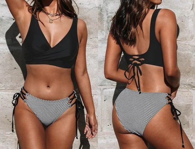 Marbella Low-Waist Lace up Bandage Bikini Set  Sunset and Swim Black S 