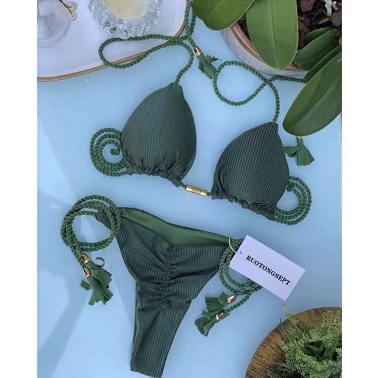 Isabella Tassel Side Tie Halter Bikini  Sunset and Swim Green S 