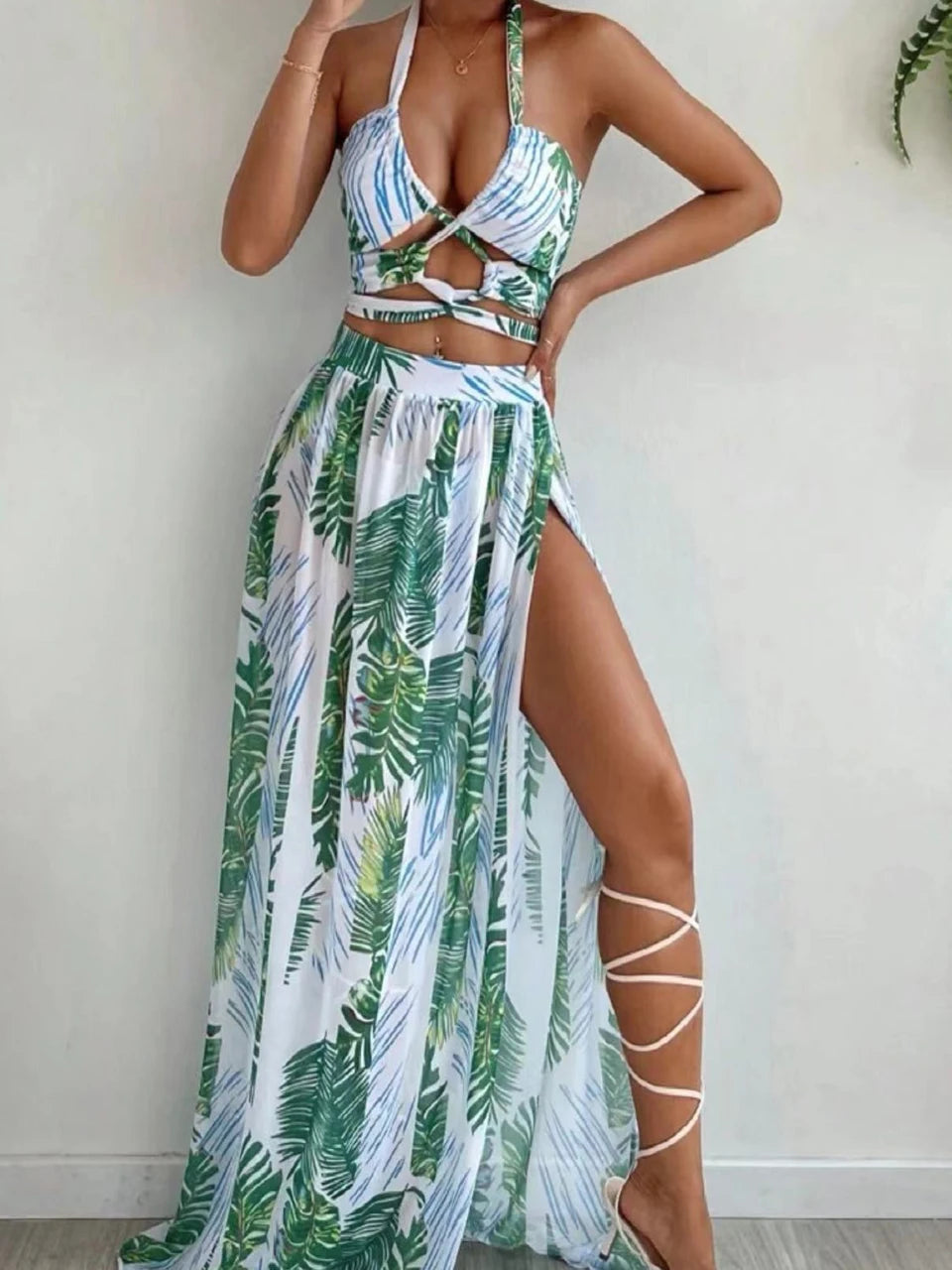 Bahamas Vacation 3 Piece Cover Up Skirt Set  Sunset and Swim White L 
