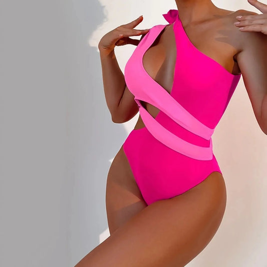 Resort Bow Strap One Shoulder Swimsuit Sunset and Swim Hot Pink L 