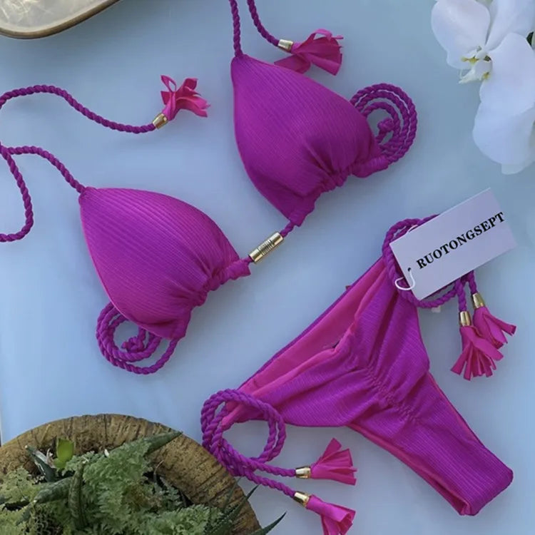 Isabella Tassel Side Tie Halter Bikini  Sunset and Swim Purple 5 S 