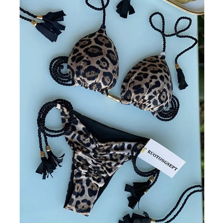 Isabella Tassel Side Tie Halter Bikini  Sunset and Swim Leopard S 