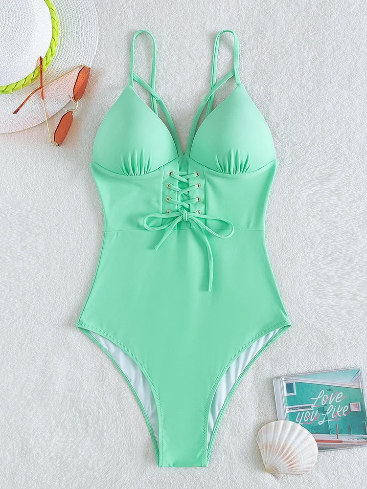 Poolside Paradise Corset One Piece Swimsuit  Sunset and Swim Green L 