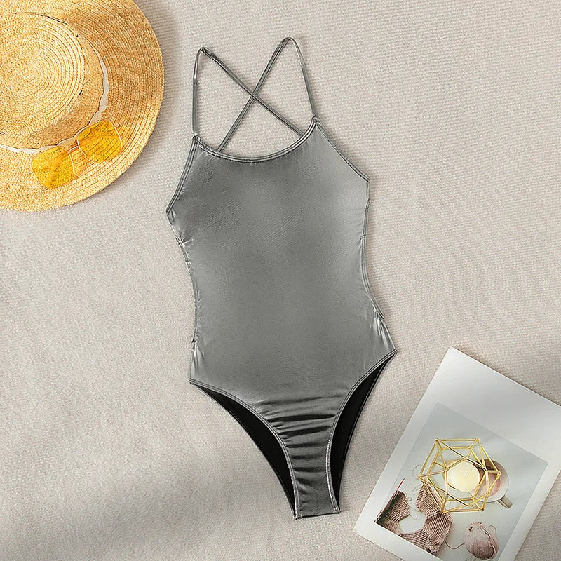 Metallic Waves Silver Swimsuit Sunset and Swim   