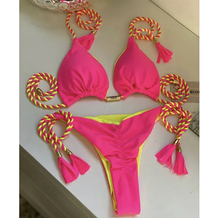 Isabella Tassel Side Tie Halter Bikini  Sunset and Swim Neon Pink S 