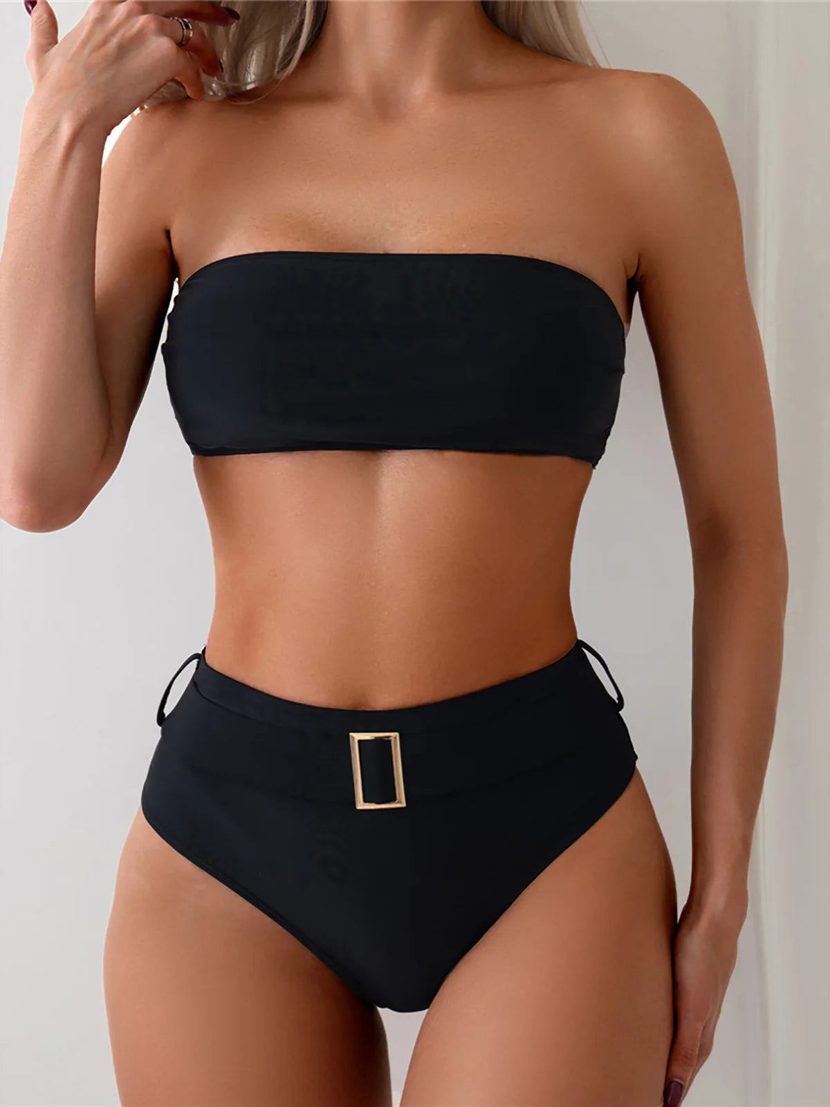 Belted Elegance Midnight Bandeau Bikini Set Sunset and Swim Black XS 