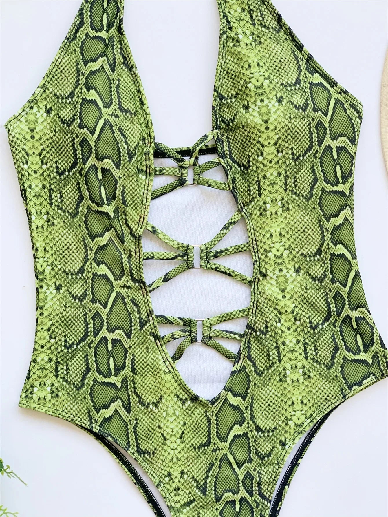 Snake Print Deep Plunge Cut Out Swimsuit