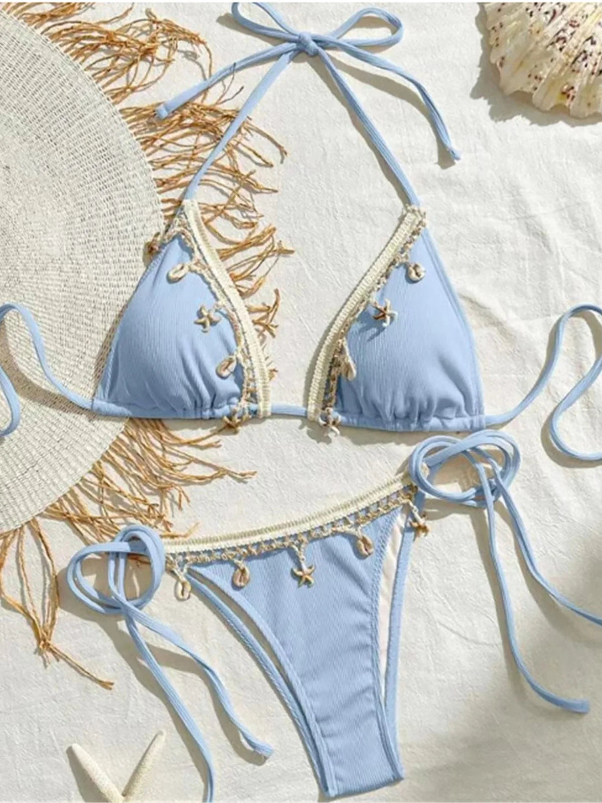 Seashell Love Halter Bikini Sunset and Swim Sky Blue S 