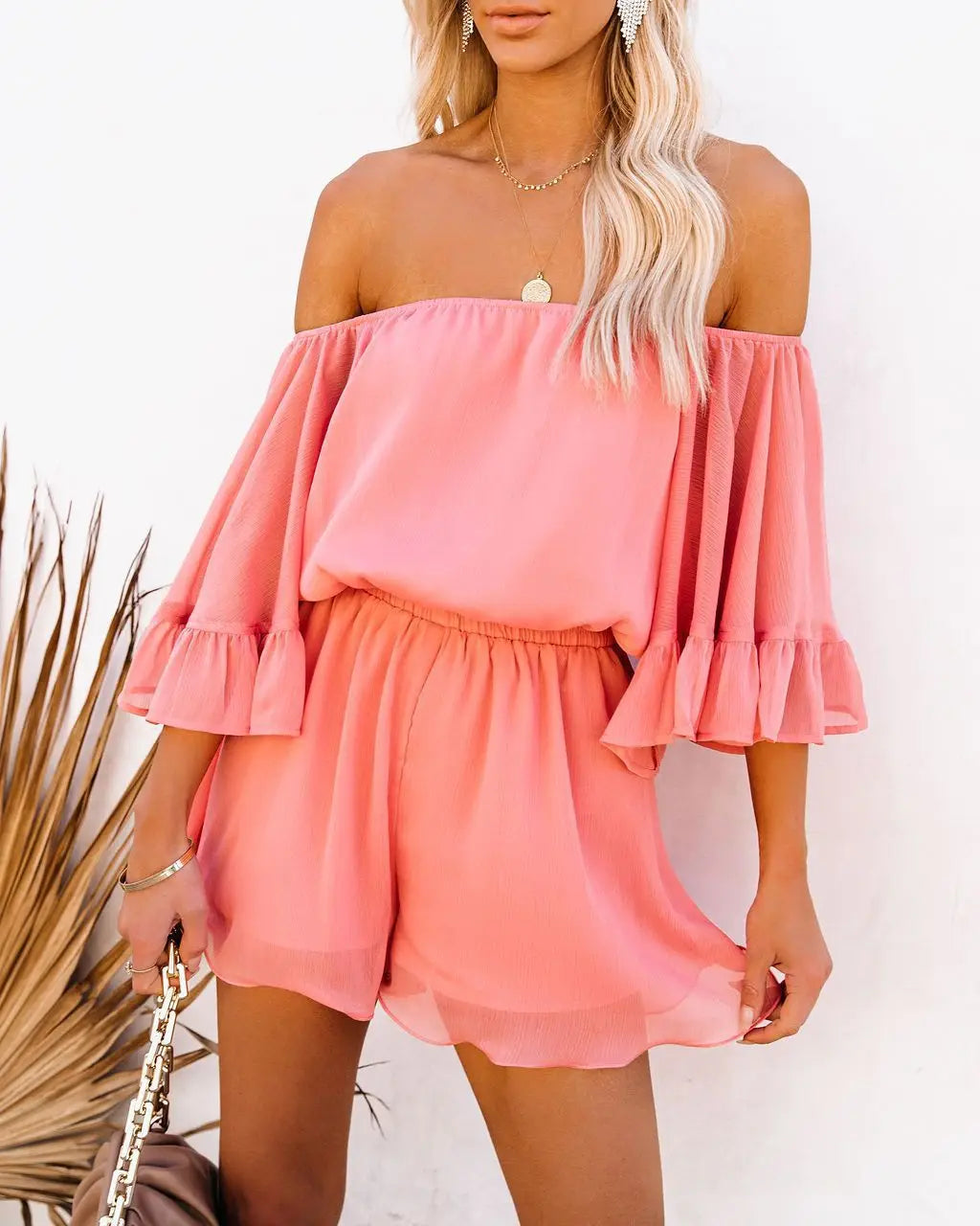 Paradise Awaits Off Shoulder Romper Sunset and Swim Red S 