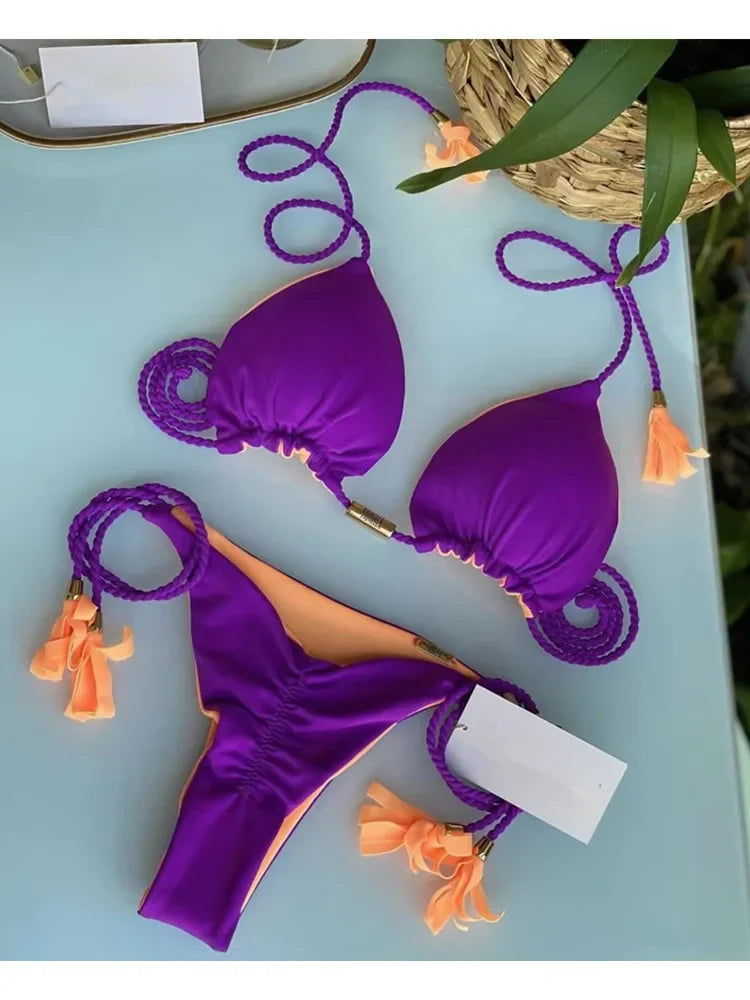 Harper Triangle Bikini Set  Sunset and Swim Purple Orange L 